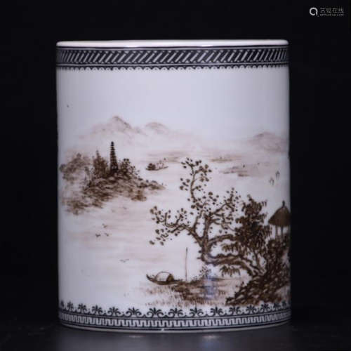 CHINESE PORCELAIN INK PAINTED MOUNTAIN VIEWS BRUSH POT