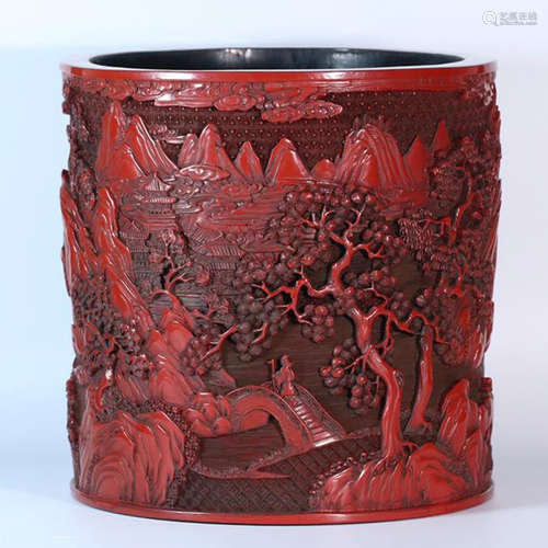 CHINESE CINNABAR MOUNTAIN VIEWS BRUSH POT