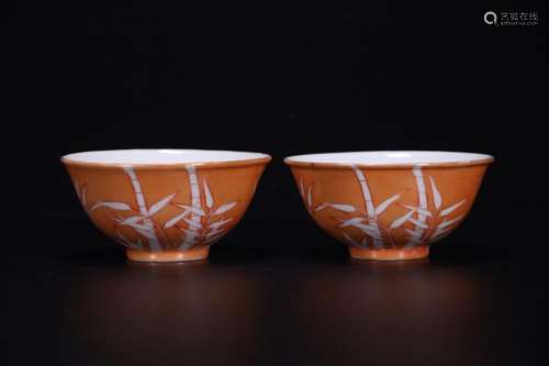 PAIR OF CHINESE PORCELAIN RED GLAZE WHITE BAMBOO BOWLS