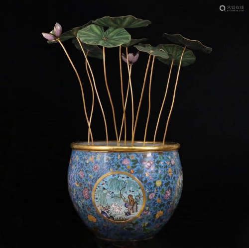 LARGE CHINESE CLOISONNE LOTUS IN PLANTER