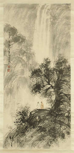 CHINESE SCROLL PAINTING OF WATERFALL VIEWINGS