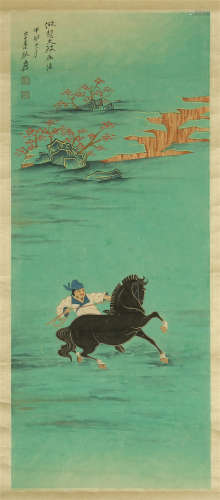 CHINESE SCROLL PAINTING OF HORSE MAN IN RIVER