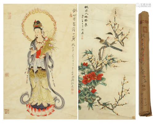 CHINESE SCROLL PAINTING OF STSANDING GUANYIN BIRD AND FLOWER