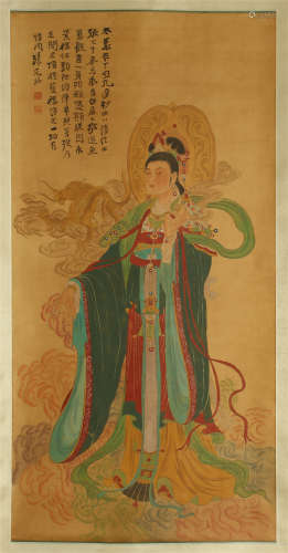CHINESE SCROLL PAINTING OF STANDING BEAUTY