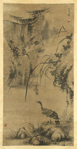 CHINESE SCROLL PAINTING OF BIRD BY RIVER
