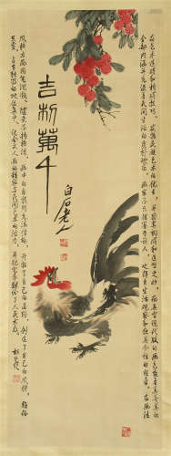 CHINESE SCROLL PAINTING OF ROOSTER AND FLOWER WITH CALLIGRAPHY
