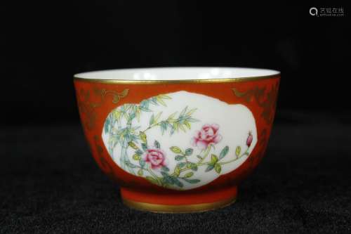 A Chinese Red Ground Famille-Rose Porcelain Cup