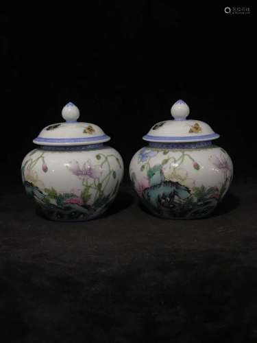A Pair of Chinese Famille-Rose Porcelain Jars with Covers