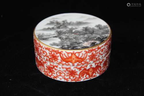 A Chinese Iron-Red Famille-Rose Porcelain Round Box with Cover