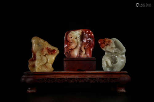 A Set of Three Chinese Carved Shoushan Decorations