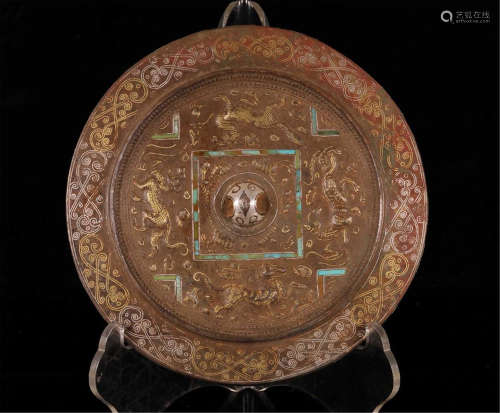 CHINESE TURQUOISE GOLD SILVER INLAID BRONZE ROUND MIRROR