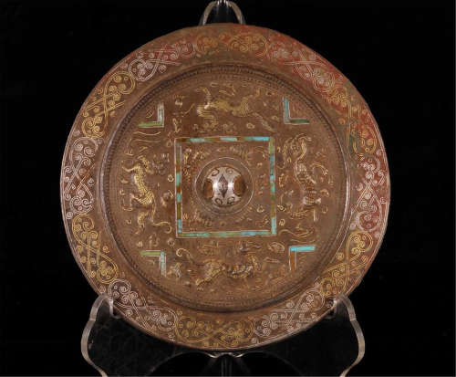 CHINESE TURQUOISE GOLD SILVER INLAID BRONZE ROUND MIRROR