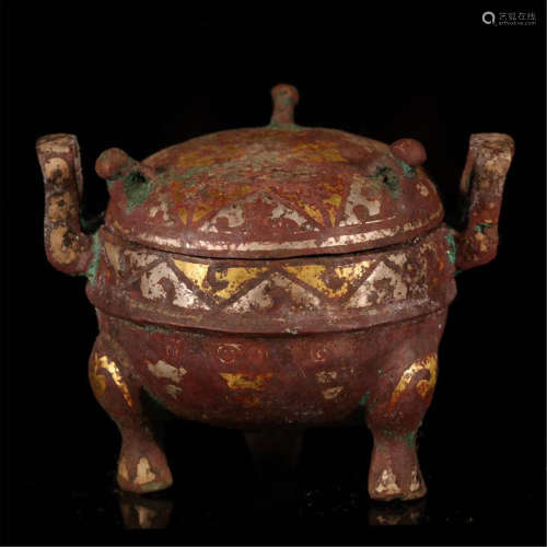 CHINESE SILVER GOLD INLAID BRONZE LIDDED TRIPLE FEET CENSER