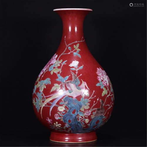 CHINESE PORCELAIN RED GLAZE FAMILLE ROSE BIRD AND FLOWER YUHUCHUN VASE