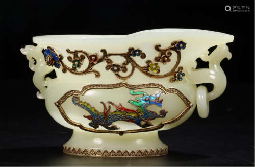 CHINESE GILT SILVER ENAMEL DRAGON YELLOW JADE JUE CUP