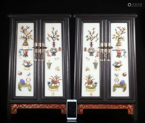 PAIR OF CHINESE GEM STONE INLAID HARDWOOD ZITAN DOUBLE DOOR CABINET