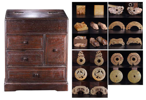 A COLLECTION OF CHINESE ANCIENT JADE CRAVINGS IN HUANGHUALI TREASURE CASE