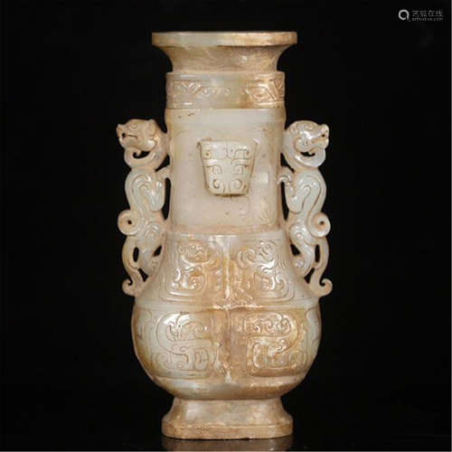 CHINESE ANCIENT JADE BEAST HANDLE VASE