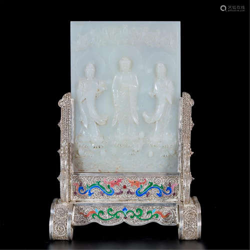 CHINESE CELADON JADE BUDDHA PLAQUE SILVER ENAMEL TABLE SCREEN