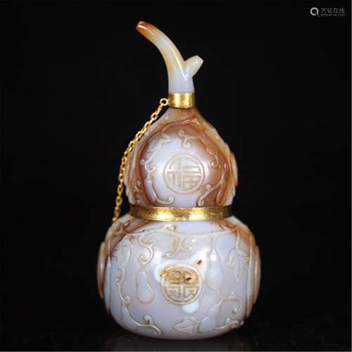 CHINESE GOLD MOUNTED AGATE GOURD VASE