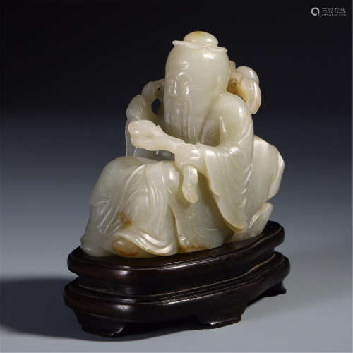 CHINESE GREY JADE SEATED OLD MAN WITH RUYI