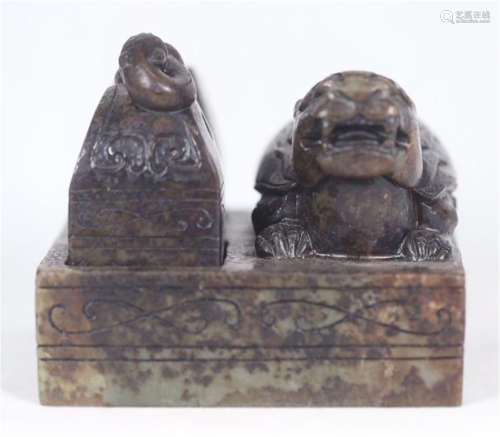 TWO CHINESE ANCIENT JADE BEAST SEALS