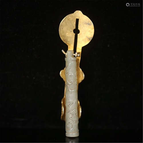 CHINESE GOLD MOUNTED GREY JADE TUBE PENDANT