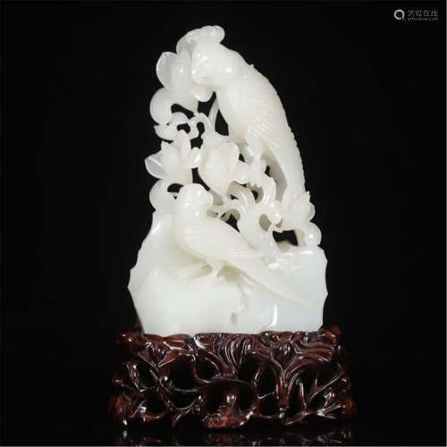 CHINESE WHITE JADE BIRD AND FLOWER TABLE ITEM