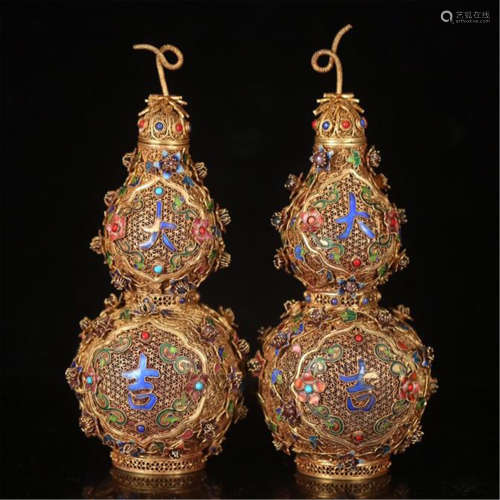 PAIR OF CHINESE GEM STONE INLAID GILT SILVER ENAMEL DOUBLE GOURD VASE
