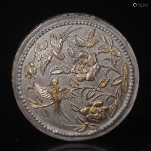CHINESE SILVER BIRD AND FLOWER LIDDED ROUND BOX
