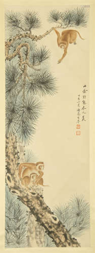 CHINESE SCROLL PAINTING OF MONKEY ON PINE