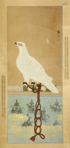 CHINESE SCROLL PAINTING OF EAGLE ON PORCH WITH CALLIGRAPHY