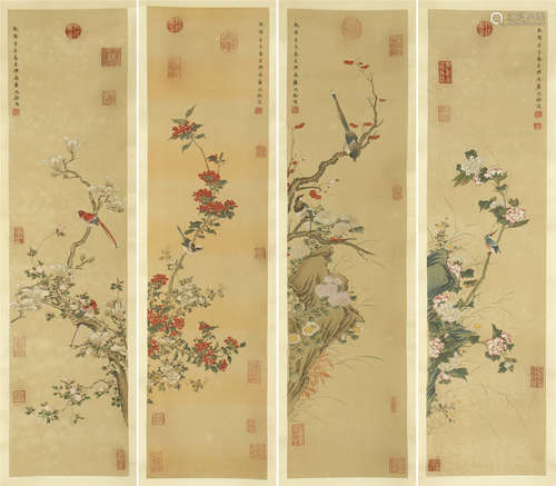 FOUR PANELS OF CHINESE SCROLL PAINTING OF BIRD AND FLOWER