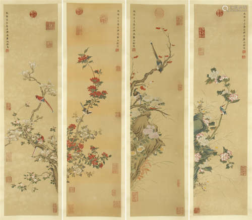 FOUR PANELS OF CHINESE SCROLL PAINTING OF BIRD AND FLOWER