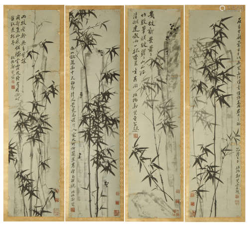 FOUR PANELS OF CHINESE SCROLL PAINTING OF BAMBOO