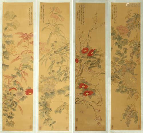 FOUR PANELS OF CHINESE SCROLL PAINTING OF FLOWER