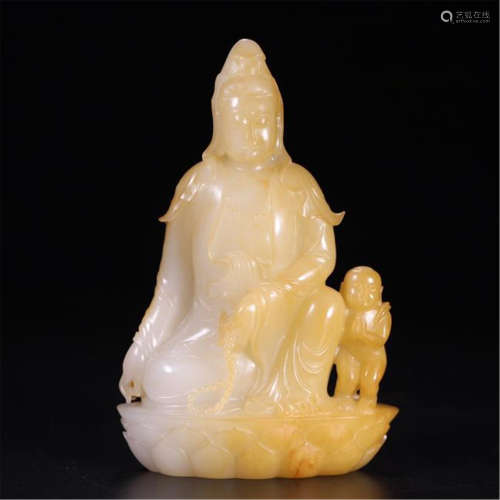 CHINESE WHITE JADE SEATED GUANYIN WITH BOY