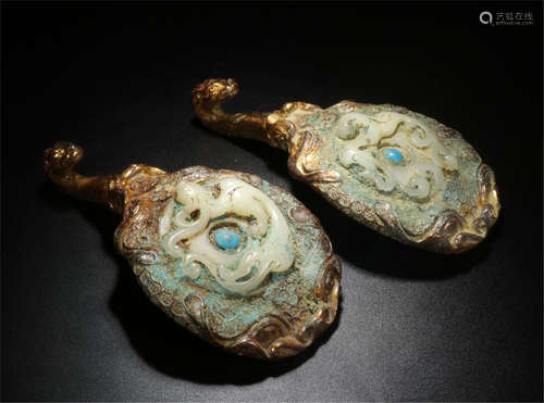 PAIR OF CHINESE JADE INLAID GILT BRONZE DRAGON BELT HOOK