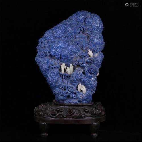 CHINESE WHITE JADE FIGURE LAPIS SCHOLAR'S ROCK ON ROSEWOOD STAND