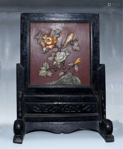CHINESE GEM STONE INLAID LACQUER TABLE SCREEN