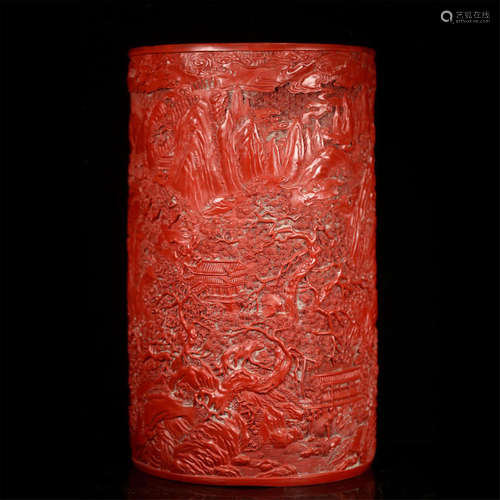 CHINESE CINNABAR MOUNTAIN VIEWS BRUSH POT