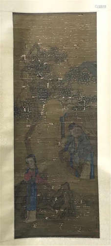 CHINESE SCROLL PAINTING OF BEAUTY IN GARDEN