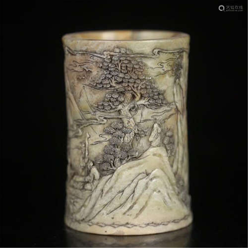 CHINESE SOAPSTONE MOUNTAIN VIEWS BRUSH POT