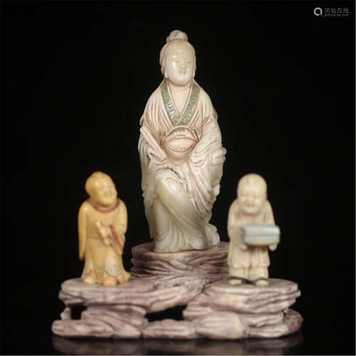 CHINESE COLOR PAINTED SOAPSTONE STANDING GUANYIN WITH BOYS TABLE ITEM