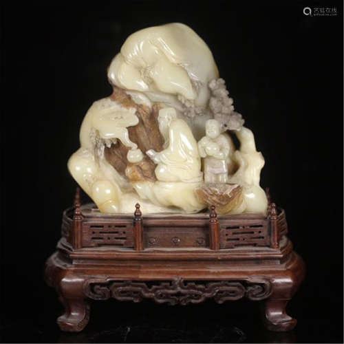 CHINESE SOAPSTONE MEN AND BOY SCHOLAR'S ROCK ON BOXWOOD STAND