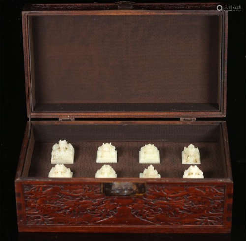 EIGHT CHINESE WHITE JADE DRAGON SEAL IN WOOD CASE