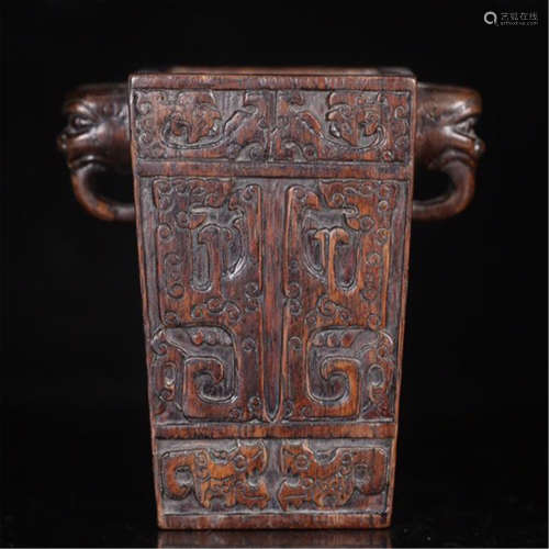 CHINESE AGALWOOD DRAGON HANDLE SQUARE CUP
