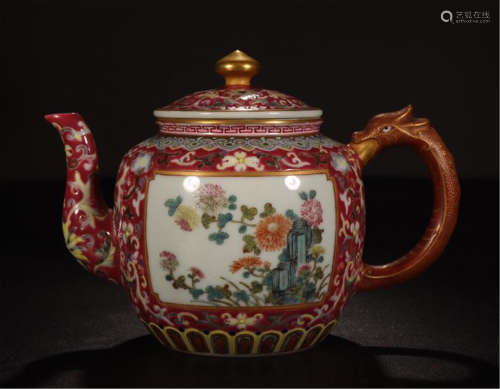 CHINESE PORCELAIN RED GROUND FAMILLE ROSE FLOWER TEA POT