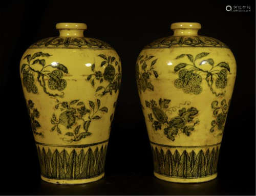 PAIR OF CHINESE PORCELAIN YELLOW GROUND BLUE FLOWER MEIPING VASES