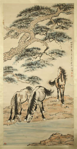 CHINESE SCROLL PAINTING OF HORSE UNDER PINE